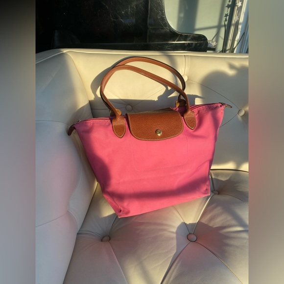 Longchamp Handbags - Longchamp Le Pliage Original Medium Tote Hot Pink Magenta Nylon Brown Leather